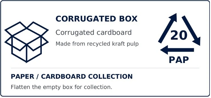 Corrugated box: Corrugated cardboard, 20 PAP. Made from recycled kraft pulp. Paper/cardboard collection. Flatten the empty box for collection.